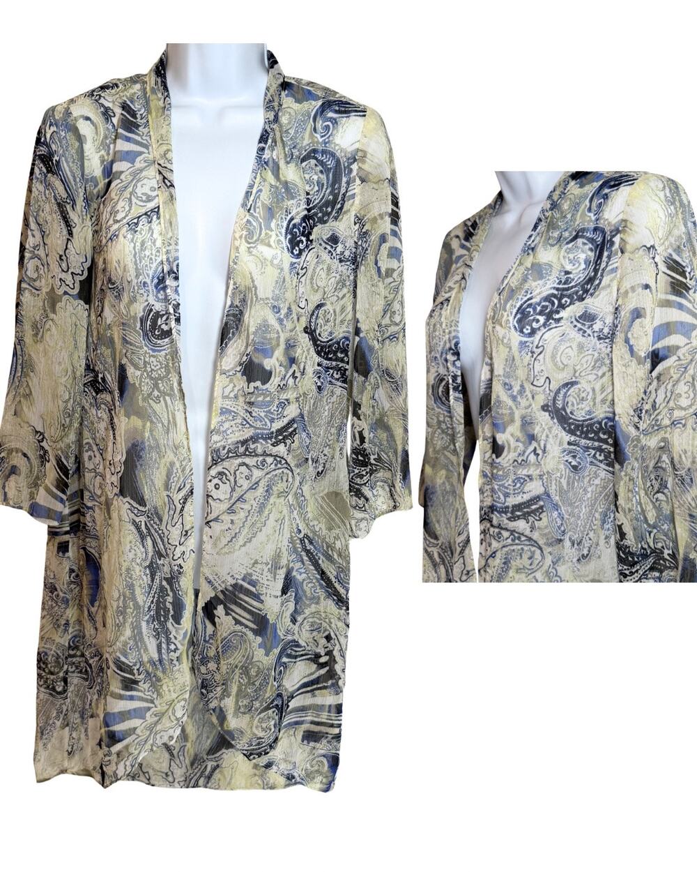Chicos 0 Blue Green Paisley Sheer Kimono Duster Coverup Womens Small Boho